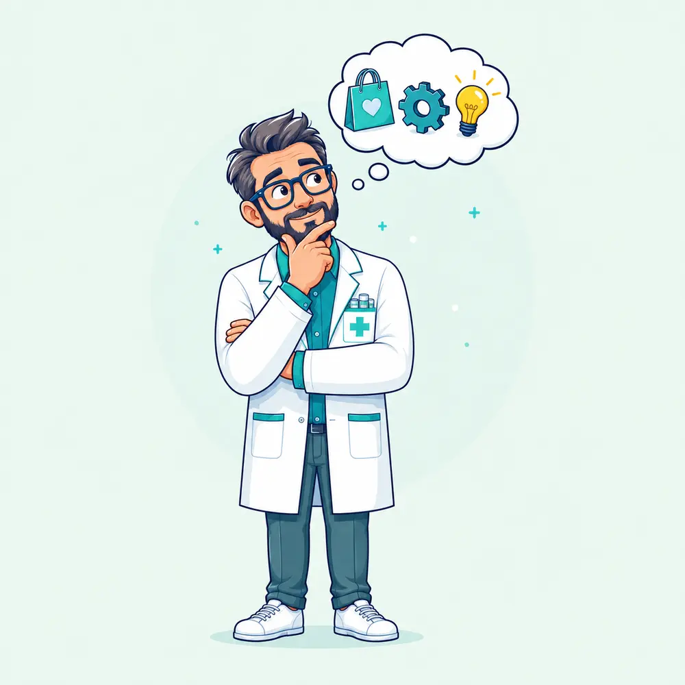 Ilustración completa de un farmacéutico pensando en la nueva tienda on-line