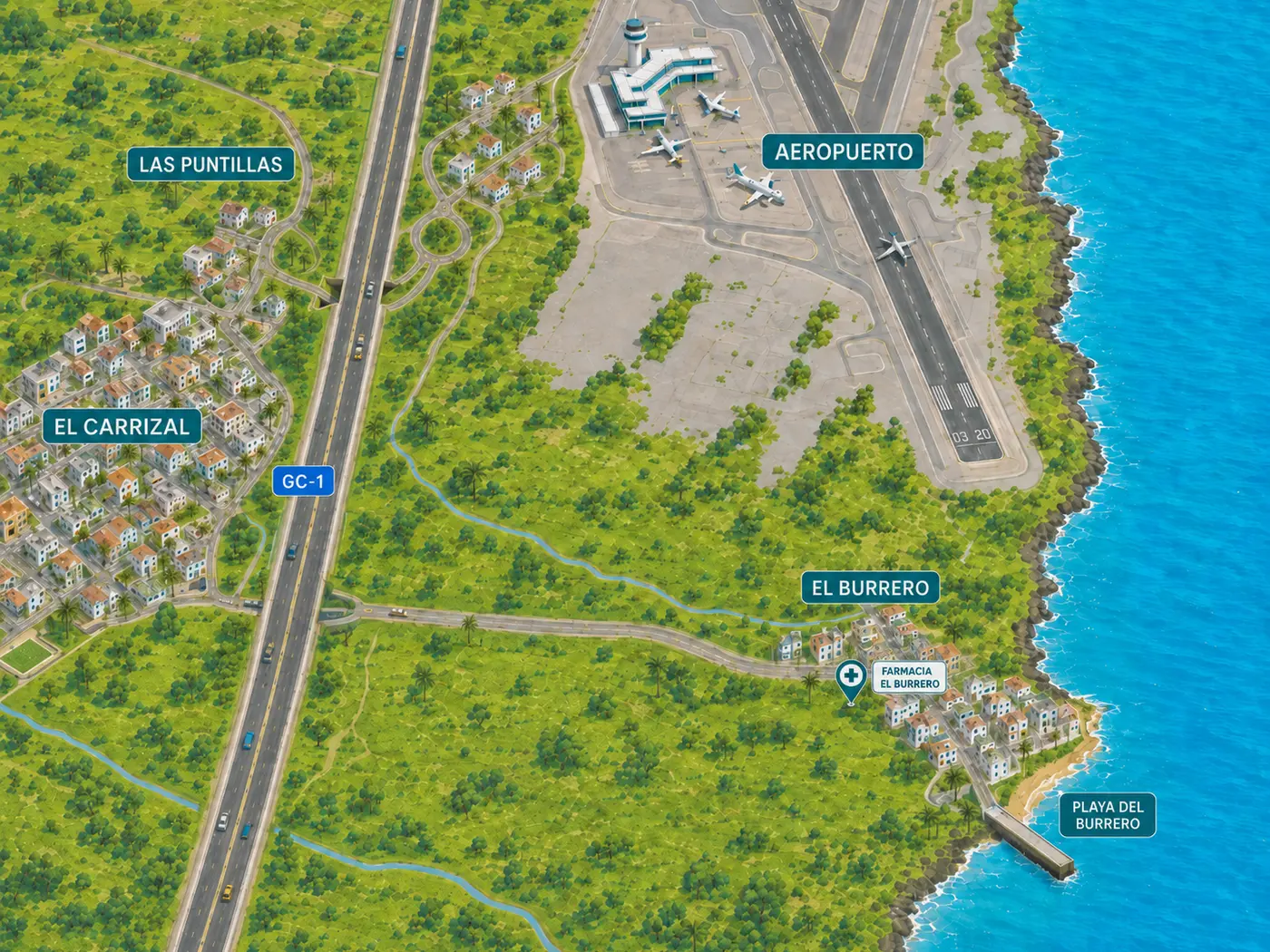 Mapa ilustrado de la ruta desde la GC-1, pasando por El Carrizal, hasta El Burrero, con Las Puntillas, el aeropuerto y la farmacia señalados